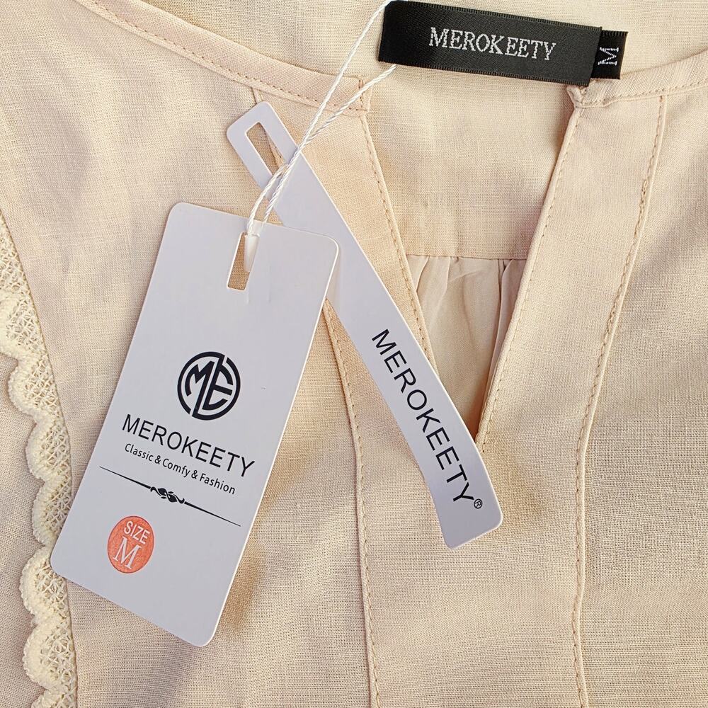 New MEROKEETY Midi Dress Medium Cream Tie Waist Bell Sleeve Cottagecore Milkmaid - Picture 10 of 13